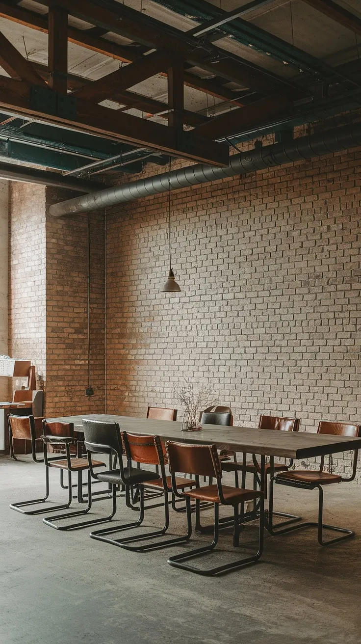 The raw beauty of exposed brick and industrial pipes defines this loft dining area.  An eclectic mix of mismatched dining chairs surrounds a rustic wooden table, perfectly embodying industrial dining room design. This urban industrial design creates a truly captivating industrial dining room.