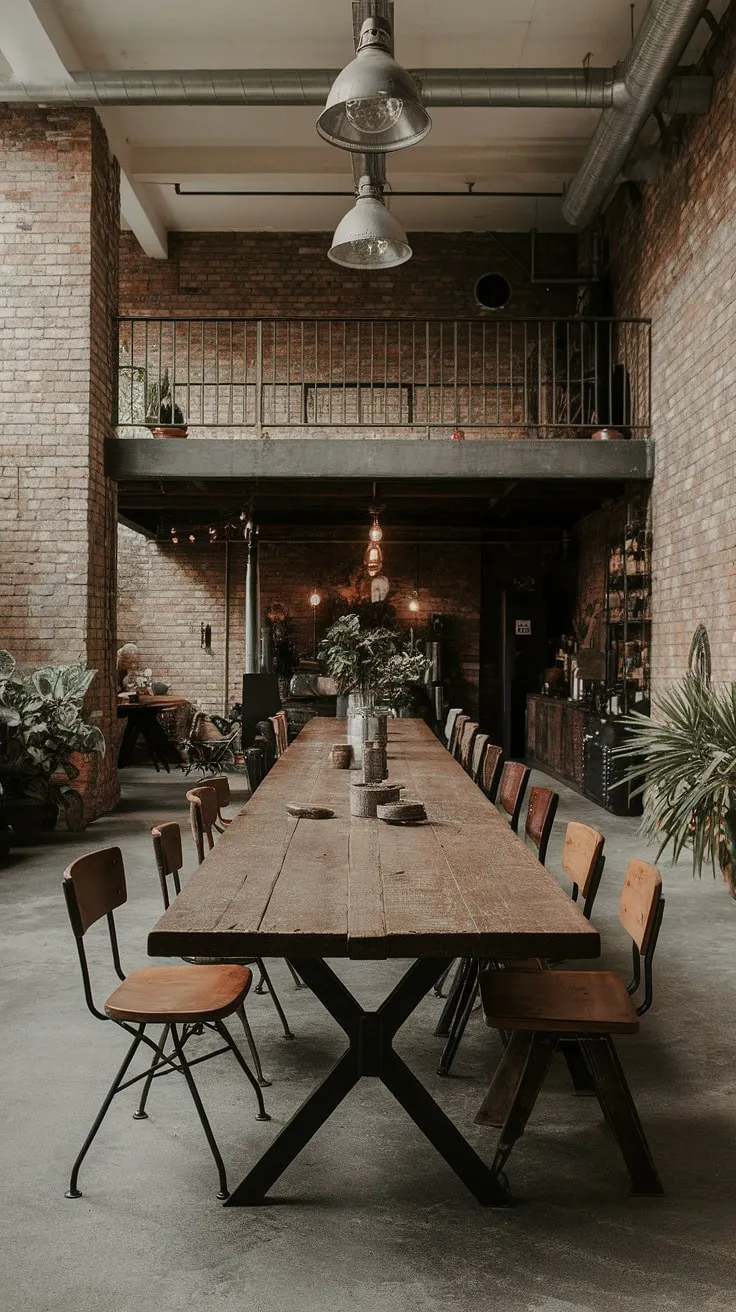 The perfect blend of rustic and refined, this industrial dining room showcases an eclectic mix of textures and styles.  The industrial dining room design features a long communal table, mismatched dining chairs with metal legs, and an open loft dining area, all set against a backdrop of exposed brick. This urban industrial design is a testament to the beauty of imperfect details, creating a truly captivating industrial decor in this urban dining space.