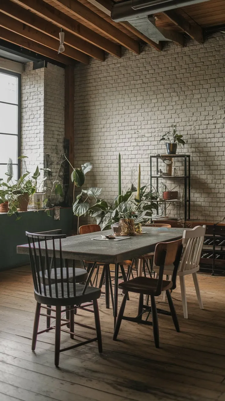 An urban dining space defined by its raw, industrial decor.  The mismatched dining chairs inject personality into this industrial dining room design, while the overall aesthetic perfectly captures the spirit of an urban industrial design within a stunning loft dining area.