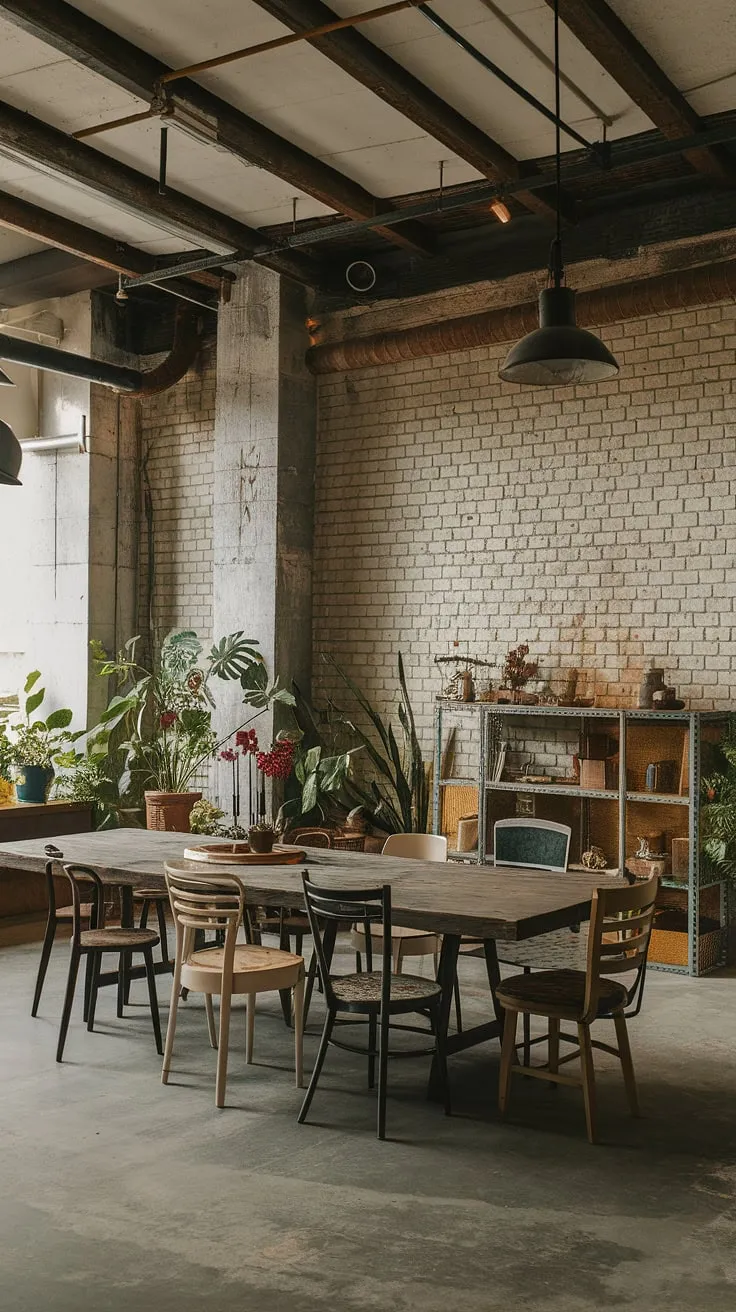 Warmth meets industrial grit in this urban dining space.  The mismatched dining chairs add personality to the rustic wooden table, while the exposed beams and brick walls showcase the best of industrial dining room design.  This loft dining area is a testament to the beauty of urban industrial design and thoughtful industrial decor.