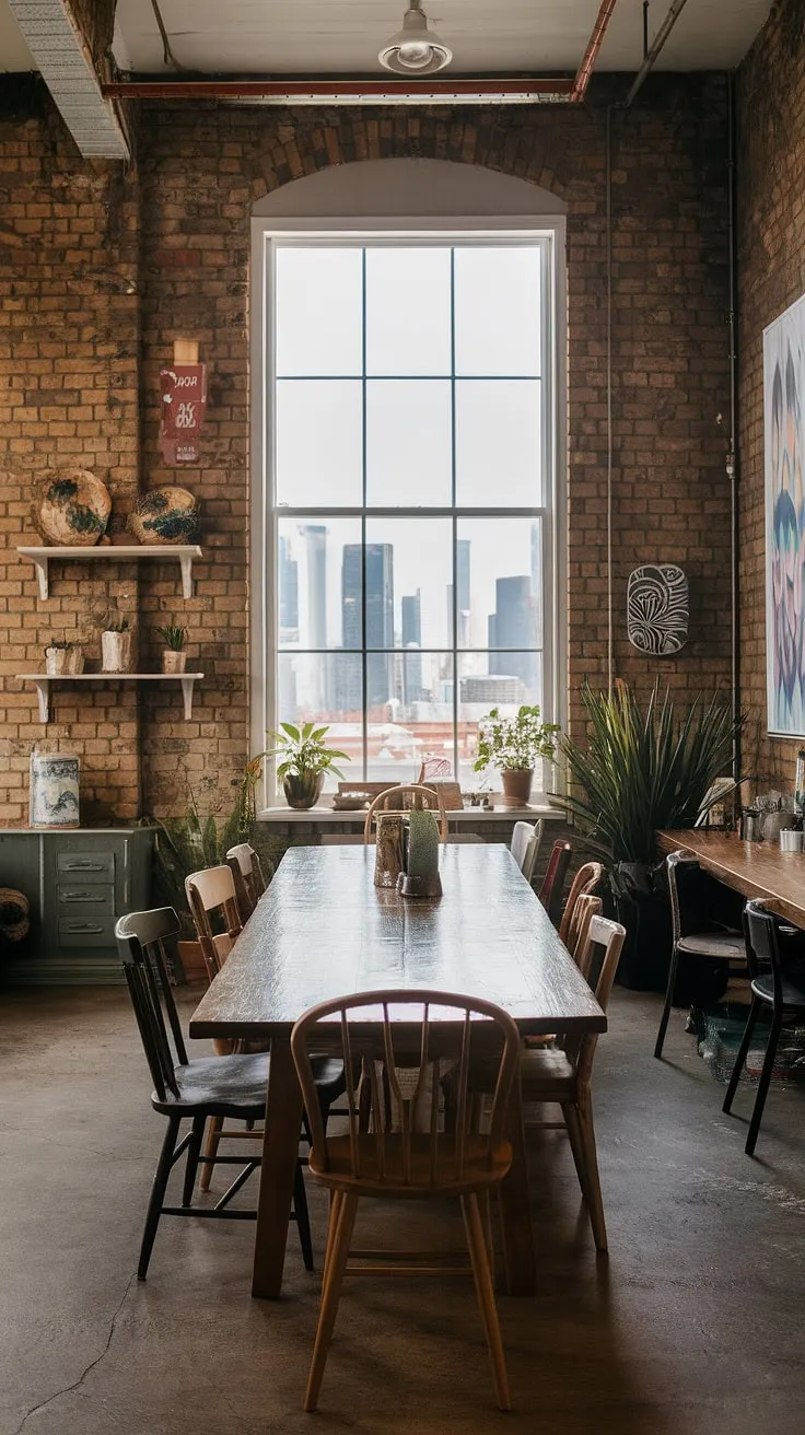 A raw, urban dining space defined by its industrial dining room design.  Mismatched dining chairs bring personality to this loft dining area, perfectly complementing the overall industrial decor.