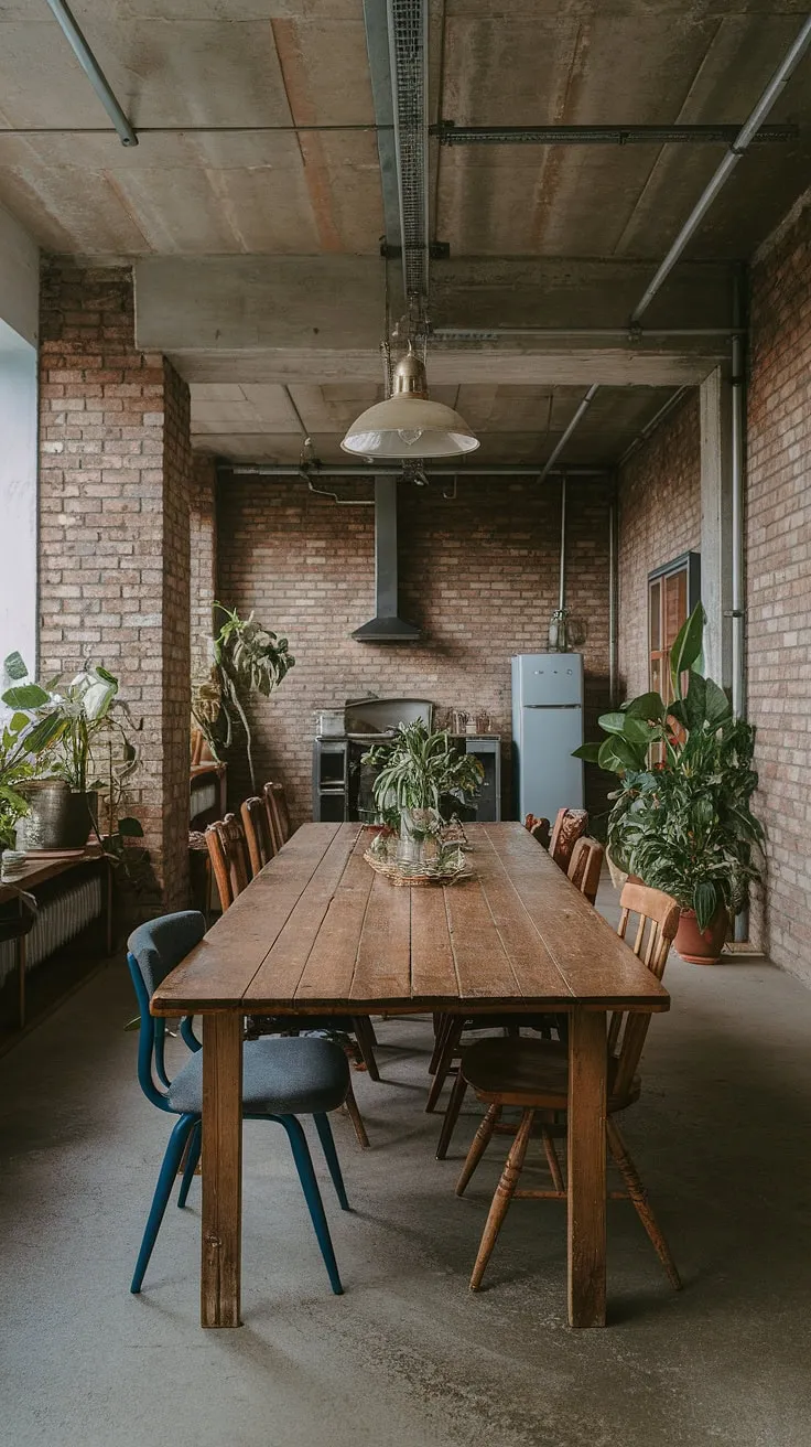 This industrial dining room boasts a unique blend of urban industrial design and rustic charm.  The mismatched dining chairs add personality to the loft dining area, while the exposed brick walls and concrete ceiling create an authentic industrial decor feel.  The vintage light fixture is the perfect finishing touch to this urban dining space.