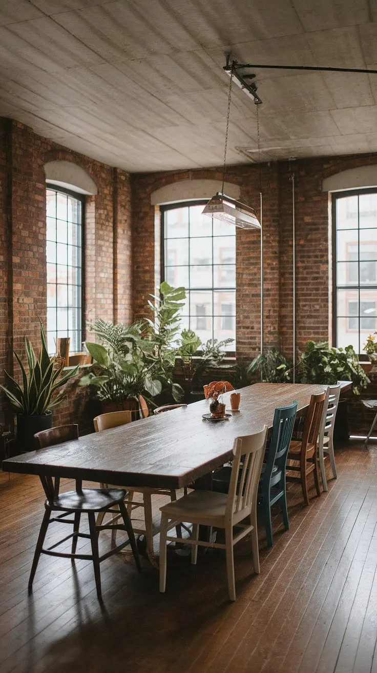 This urban industrial design dining room boasts a raw, eclectic charm.  The loft dining area's industrial decor is perfectly complemented by the mismatched dining chairs, creating a unique and inviting space.  The industrial dining room design is both stylish and functional.