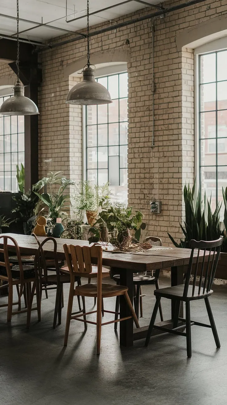 The raw textures of this industrial dining room create a captivating urban dining space.  Mismatched dining chairs add a touch of playful personality to the sophisticated industrial decor and loft dining area, showcasing a unique industrial dining room design.