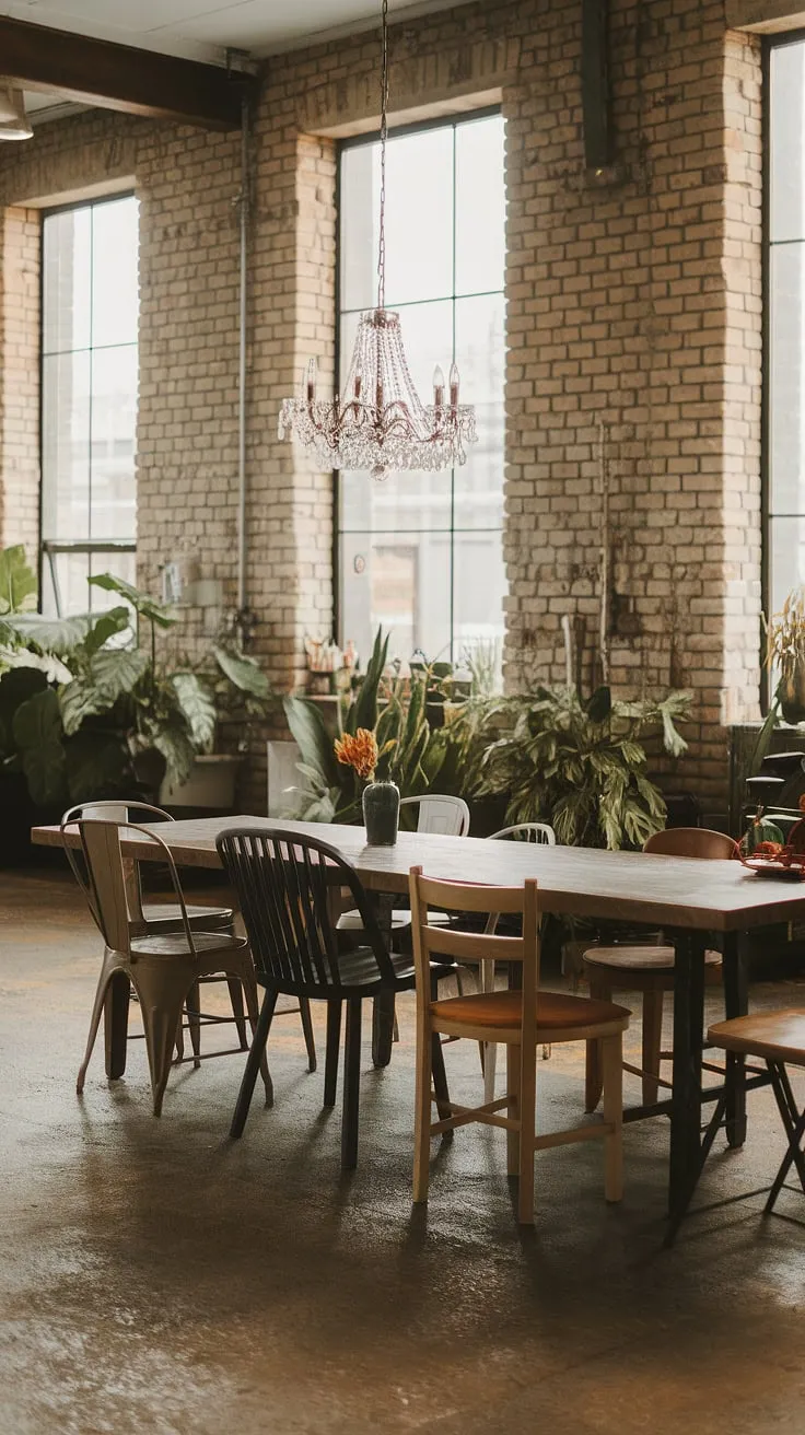 This urban industrial design dining room seamlessly blends rustic charm with industrial grit.  The mismatched dining chairs add personality around the large wooden table, while exposed brickwork and a statement chandelier complete the loft dining area's industrial decor.  This industrial dining room design is the perfect blend of urban dining space and comfortable home.