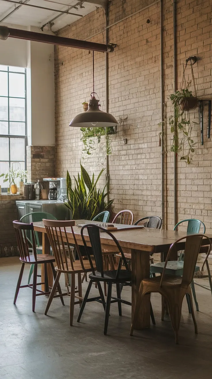 A stunning industrial dining room showcasing the beauty of mismatched dining chairs.  The urban industrial design and industrial decor elements combine seamlessly to create a stylish and functional loft dining area, a perfect example of urban dining space at its finest.