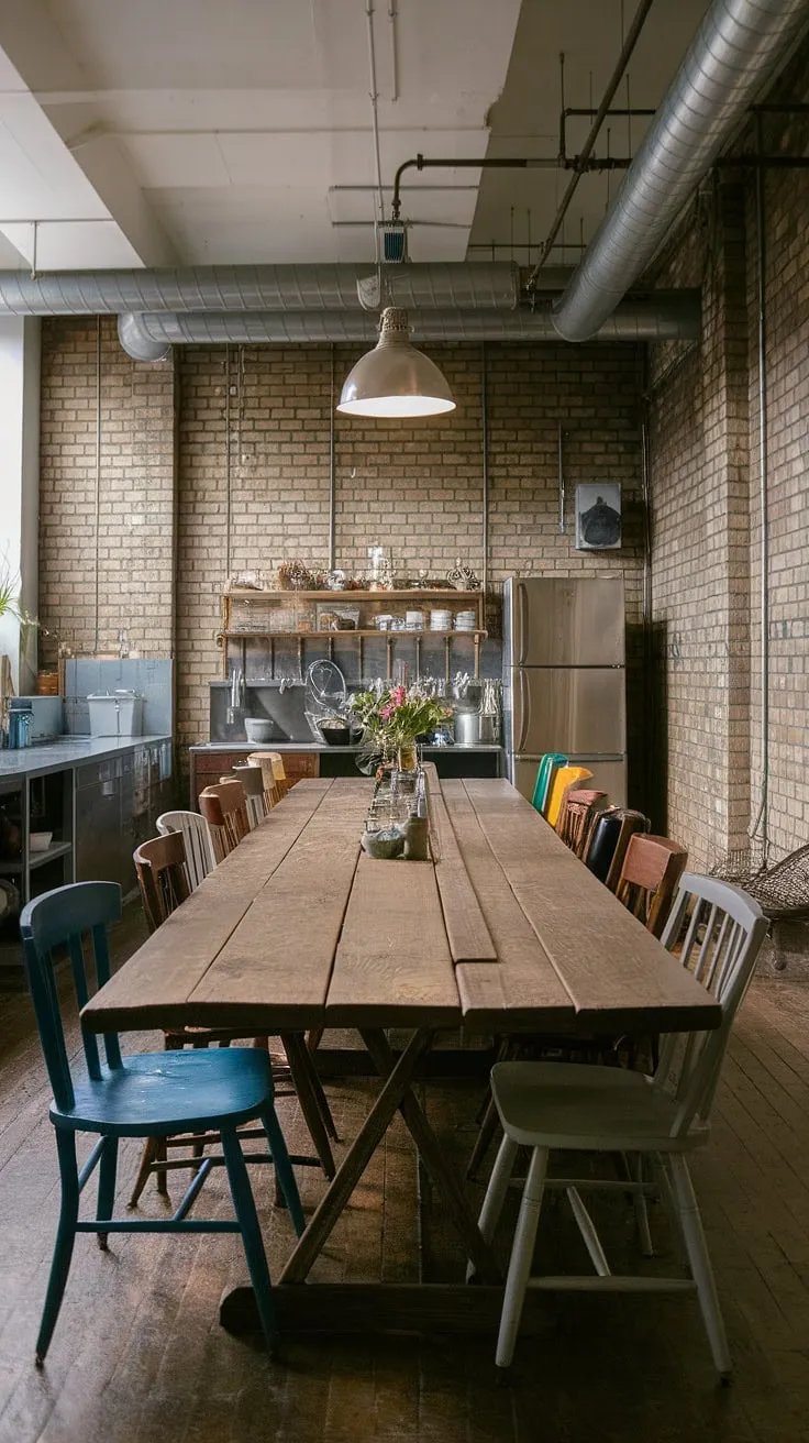 The raw beauty of urban industrial design shines in this loft dining area.  Mismatched dining chairs add character to the industrial dining room, creating a unique and inviting space.  The industrial decor perfectly complements the industrial dining room design, resulting in a truly captivating urban dining space.