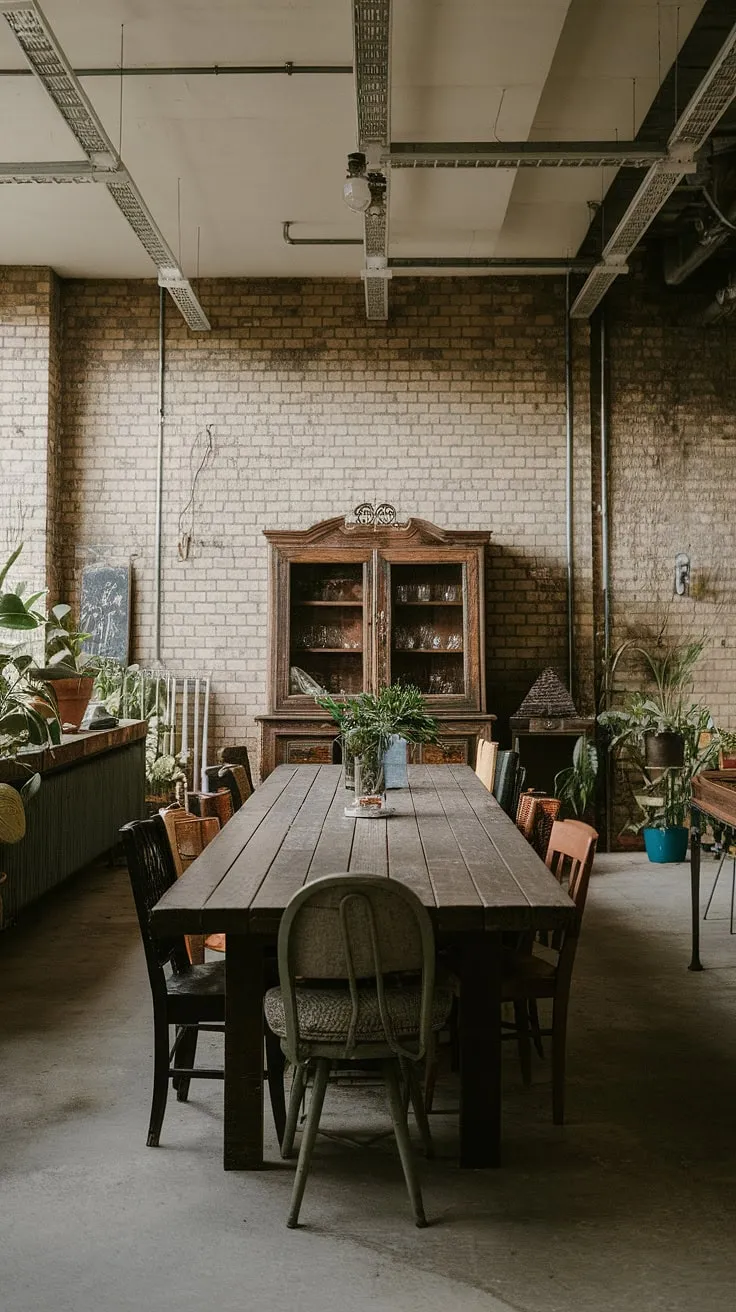 This urban industrial design dining room boasts a raw, yet refined aesthetic.  The loft dining area's industrial decor is perfectly complemented by the mismatched dining chairs, creating a unique and inviting space.  The industrial dining room design is both stylish and functional.
