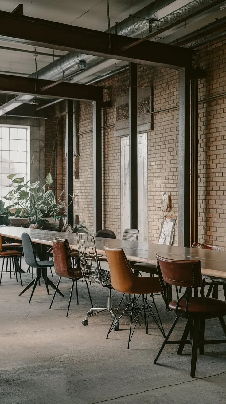 A mismatched collection of dining chairs adds personality to this industrial dining room. The urban dining space showcases a stunning example of industrial dining room design, blending urban industrial design elements with a comfortable and inviting loft dining area.