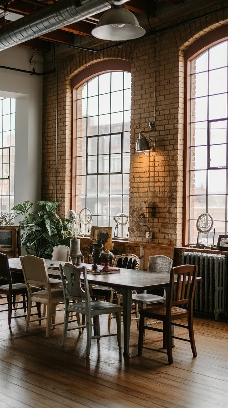 This urban industrial design dining room, with its loft dining area and mismatched dining chairs, creates a unique and inviting space. The industrial decor perfectly complements the industrial dining room design, resulting in a truly captivating urban dining space.