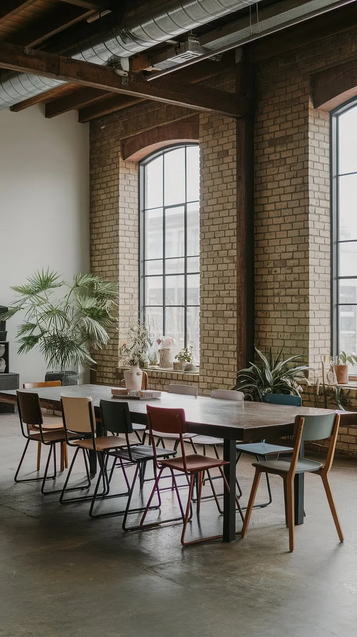 The raw textures of this industrial dining room create a captivating urban dining space.  Mismatched dining chairs add personality to the loft dining area, showcasing a unique industrial decor and a truly individual industrial dining room design.  The urban industrial design is both striking and inviting.