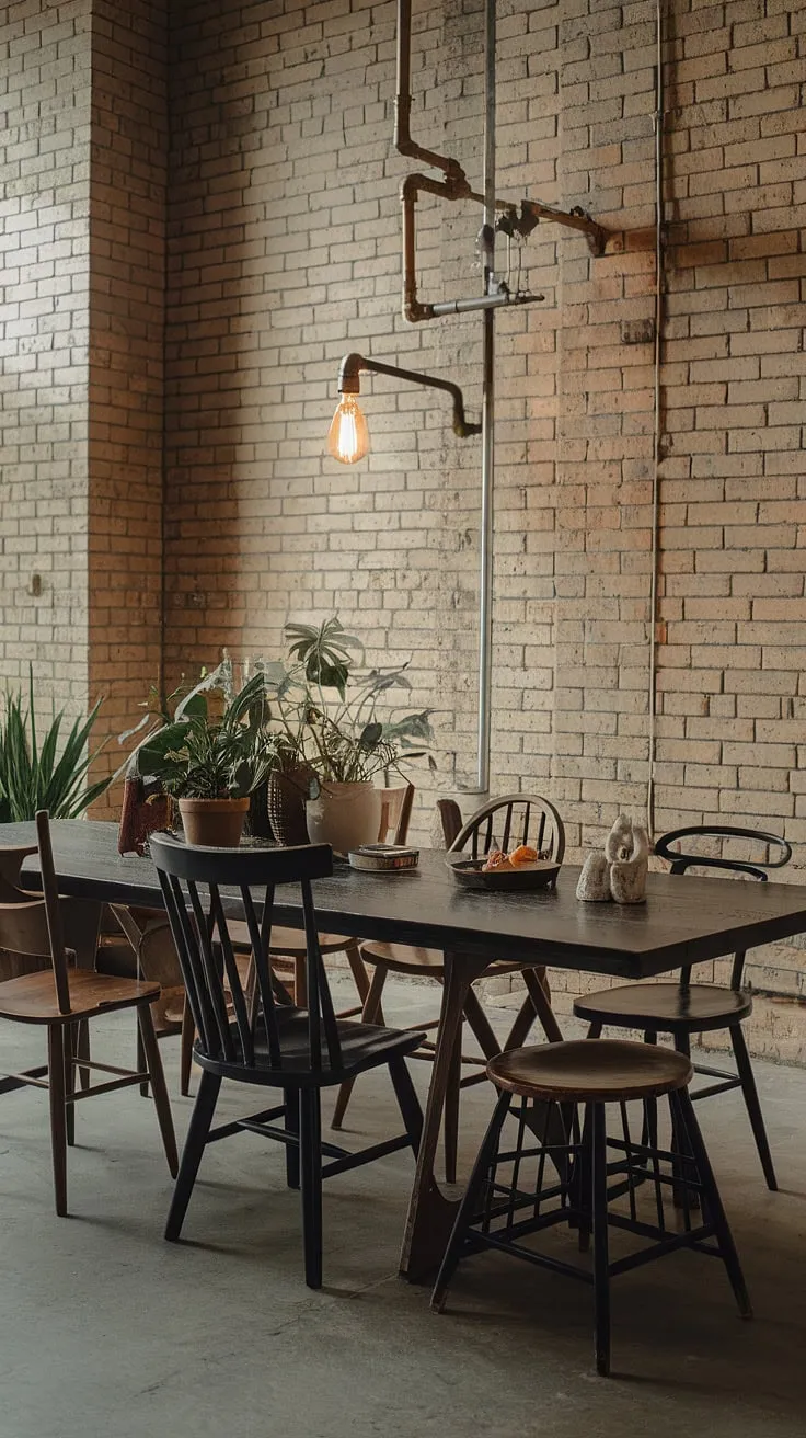 This urban industrial design dining room showcases the beauty of raw materials.  The long, dark wooden table anchors the loft dining area, perfectly complemented by the mismatched dining chairs, adding character to this industrial dining room design.  The exposed brick walls and pipe-light fixture complete the industrial decor.