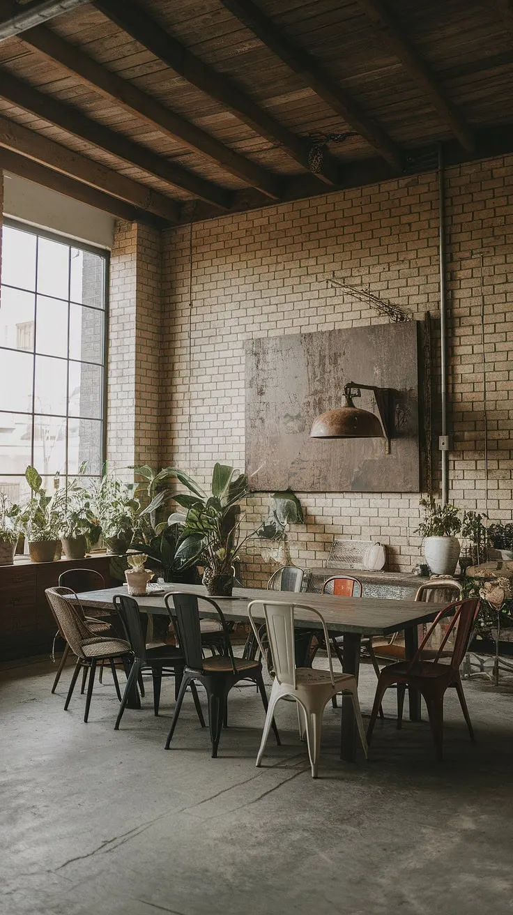 The raw beauty of urban industrial design shines in this loft dining area.  Mismatched dining chairs add personality to the industrial dining room, creating a unique and inviting space.  The industrial decor perfectly complements the industrial dining room design, transforming this urban dining space into a captivating centerpiece.