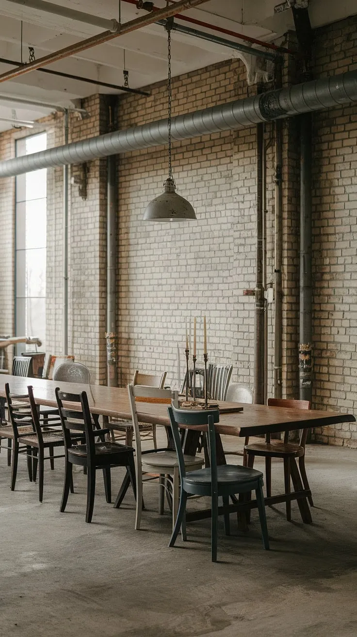 The raw textures of urban industrial design meet refined comfort in this loft dining area.  Mismatched dining chairs add personality to the industrial dining room, creating a unique and inviting industrial dining room design within this urban dining space.  The industrial decor perfectly complements the overall aesthetic.