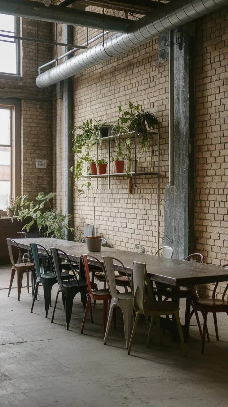 The exposed brick and industrial piping define this loft dining area's industrial dining room design.  Mismatched dining chairs gather around a substantial wooden table, creating a comfortable and stylish urban industrial design.  The concrete floor and metal shelving complete the industrial decor, resulting in a truly unique industrial dining room.