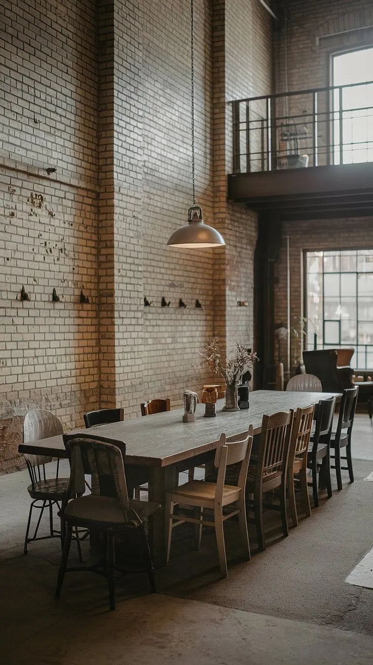 This urban industrial design dining room, with its loft dining area and mismatched dining chairs, creates a unique and inviting space. The industrial decor perfectly complements the industrial dining room design, resulting in a truly captivating urban dining space.