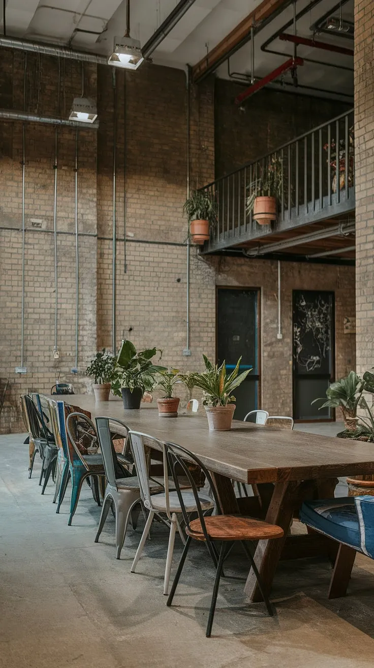 This urban industrial design dining room boasts a raw, eclectic charm.  The loft dining area's industrial decor is perfectly complemented by the mismatched dining chairs, creating a unique and inviting space.  The industrial dining room design is both stylish and functional.