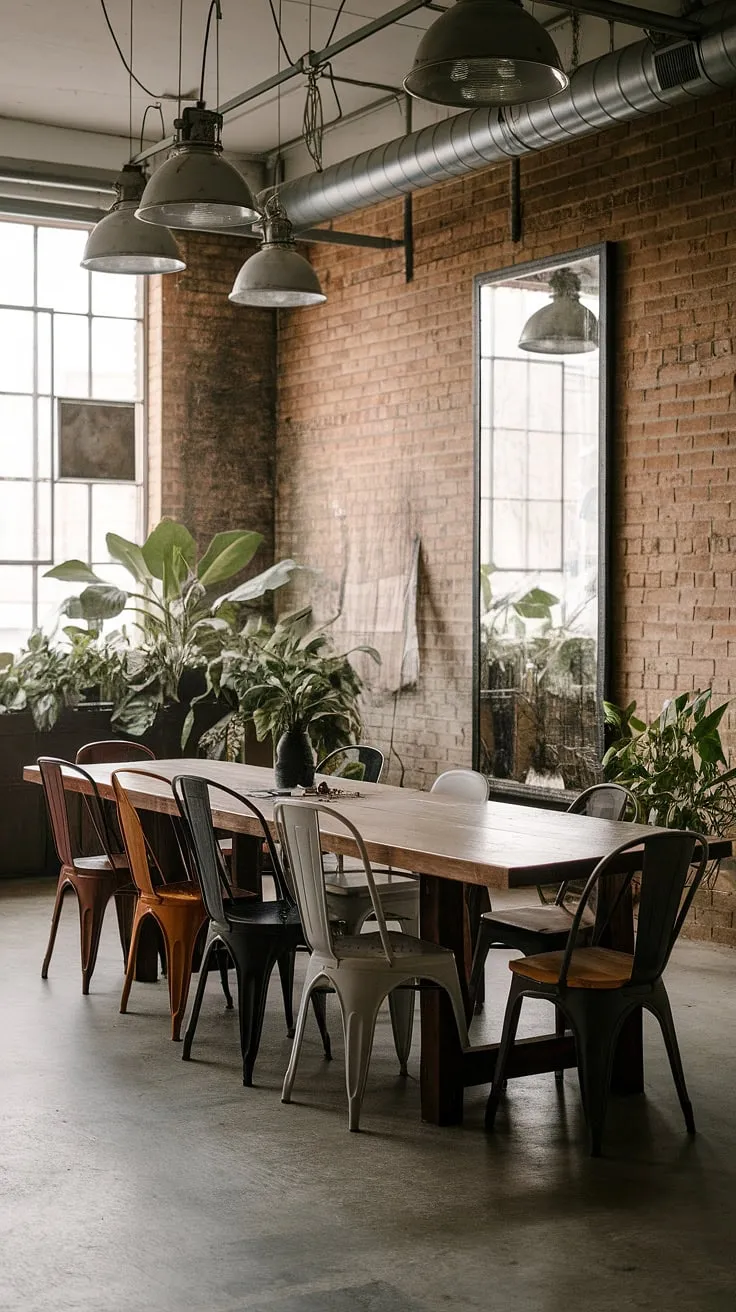 A long wooden table takes center stage in this urban dining space, surrounded by mismatched dining chairs.  The industrial decor and exposed brick walls define the industrial dining room design, while the large mirror and potted plants add warmth to this stylish loft dining area.  The overall effect is a captivating blend of industrial and organic elements.