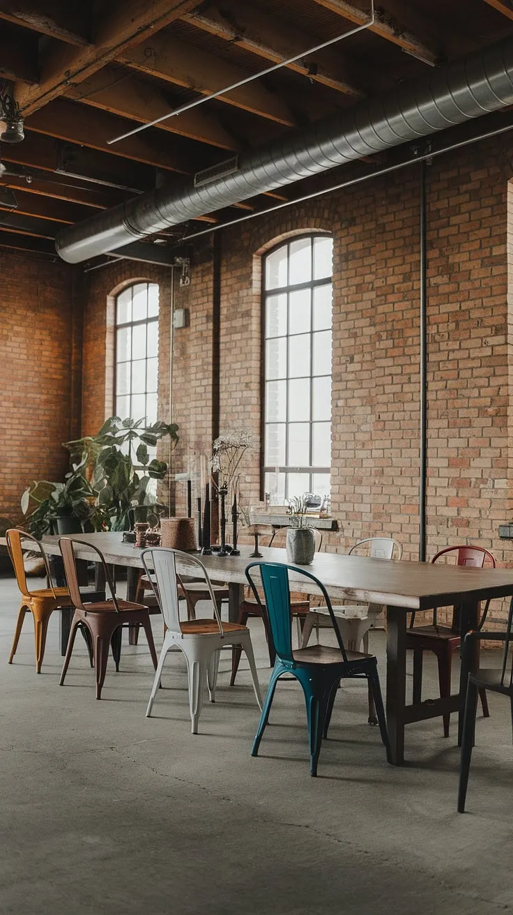This urban industrial design dining room boasts a raw, eclectic charm.  The loft dining area's industrial decor is perfectly complemented by the mismatched dining chairs, creating a unique and inviting space.  The industrial dining room design is both stylish and functional.