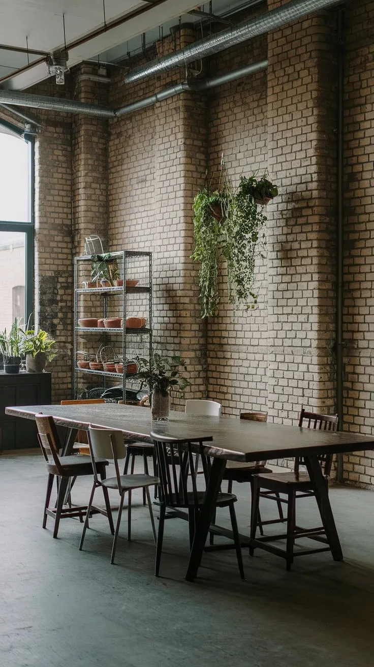 A stunning industrial dining room showcases the beauty of mismatched dining chairs surrounding a rustic wooden table.  The urban industrial design is highlighted by exposed brick, a concrete floor, and a sleek metal rack, all contributing to this inviting loft dining area. This industrial dining room design perfectly balances industrial decor with a touch of organic charm.