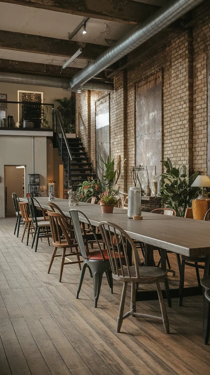 The warmth of the wooden table and mismatched dining chairs softens the raw aesthetic of this industrial dining room.  Exposed brick, industrial decor, and a loft dining area above complete this urban dining space, a stunning example of industrial dining room design.