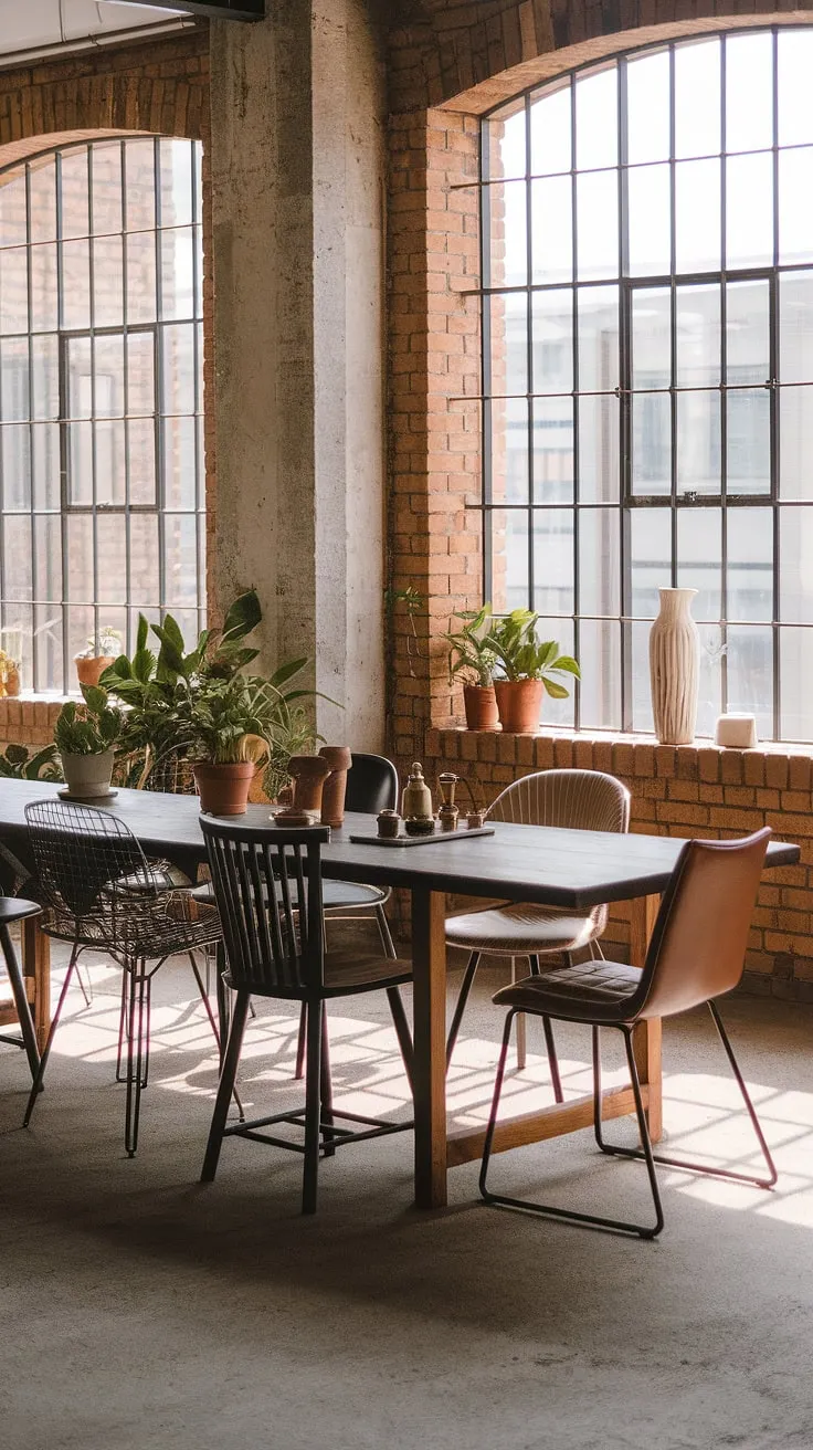 This urban industrial dining room boasts a stunning loft dining area, showcasing the perfect blend of industrial decor and eclectic charm.  The mismatched dining chairs surrounding the large wooden table add personality to this unique industrial dining room design, while the exposed brick and concrete floor enhance the raw, urban dining space.