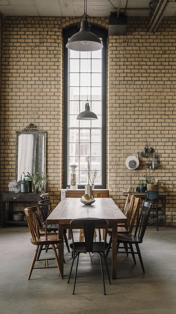 The perfect blend of rustic charm and urban edge: this industrial dining room design features a spacious loft dining area with mismatched dining chairs surrounding a large wooden table.  The exposed brick and high window highlight the industrial decor, making it a truly captivating urban dining space.