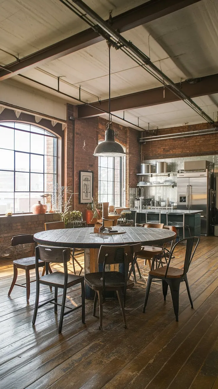 The raw beauty of urban industrial design shines in this loft dining area.  Mismatched dining chairs add personality to the industrial dining room, creating a unique and inviting space.  The industrial decor perfectly complements the industrial dining room design, resulting in an unforgettable urban dining space.