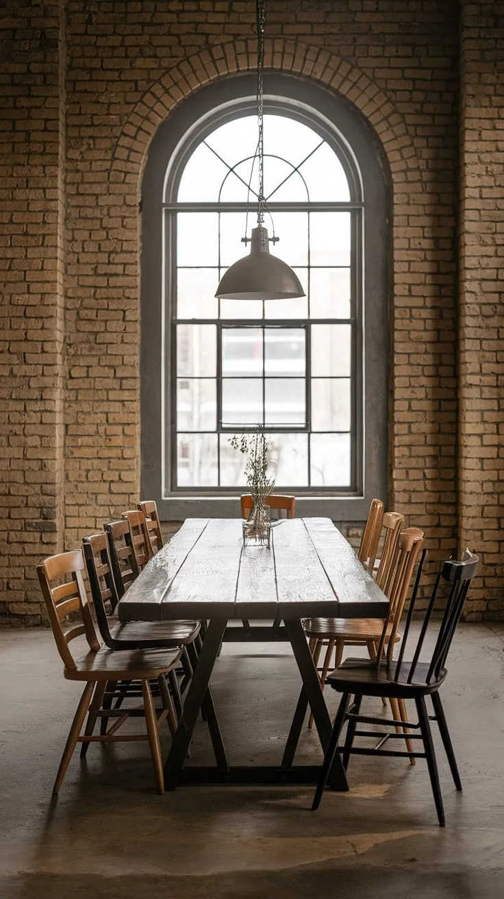 This urban industrial dining room boasts a captivating blend of raw textures and rustic charm.  The long wooden table, adorned with mismatched dining chairs, anchors the space, while the exposed brick walls and arched window create an airy loft dining area, showcasing the best of industrial decor and industrial dining room design.