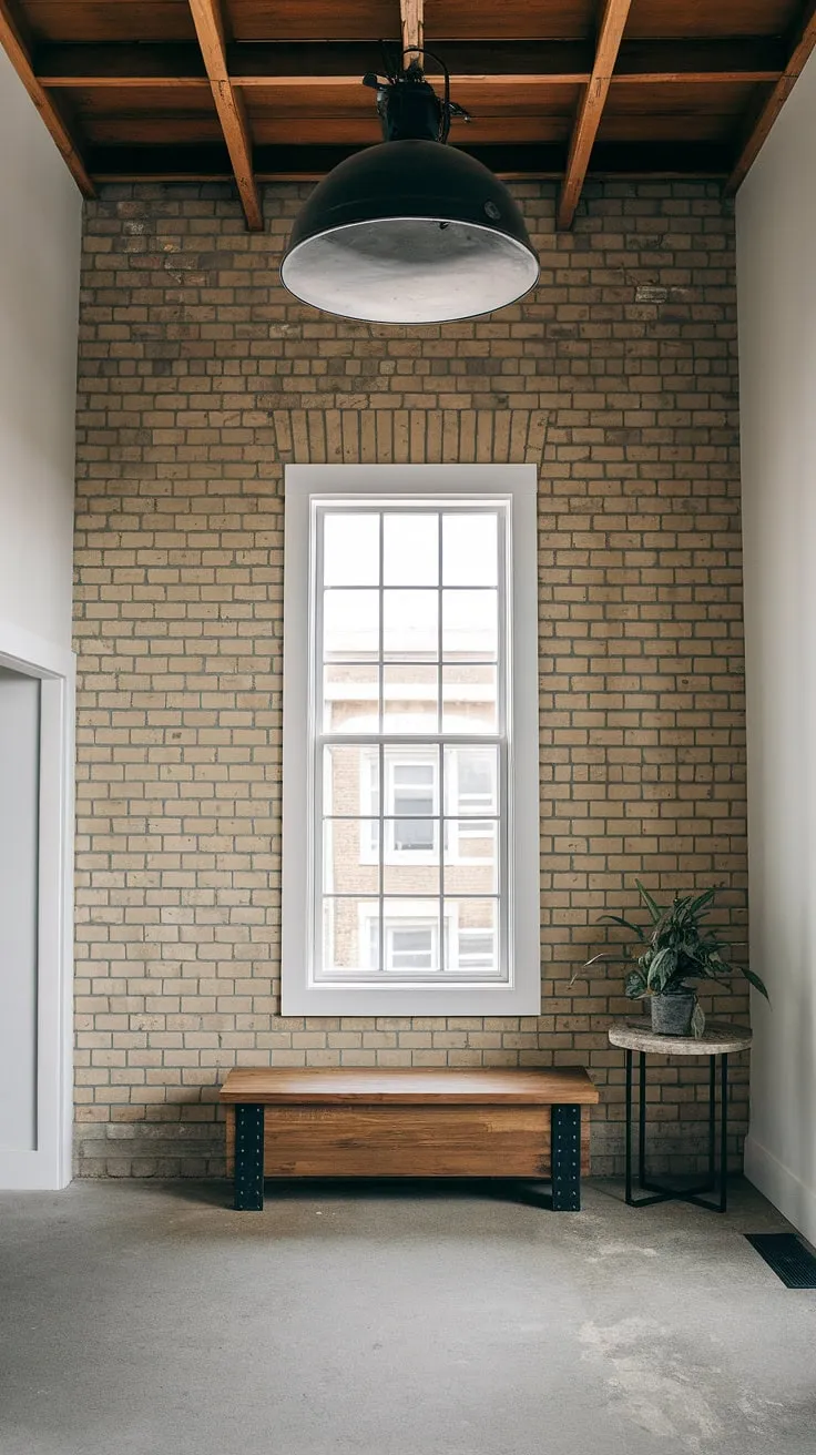 Step into a world of refined industrial style with this stunning foyer.  The high ceilings and exposed brick walls create a dramatic backdrop for the minimalist industrial design, accented by the warm wood of the bench and the industrial trim.  A perfect example of how to maximize space and style in a small entryway, offering inspiring industrial home decor and house entrance design ideas. This country industrial style is effortlessly chic.