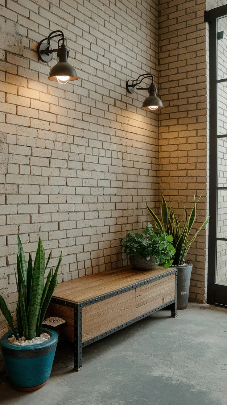 Transform a small space into a statement with these industrial entryway ideas. This industrial style foyer effortlessly blends rustic charm and modern minimalism. Note the industrial trim detailing and the use of plants to soften the exposed brick and concrete floor, a great example of industrial home decor for a house entrance design.