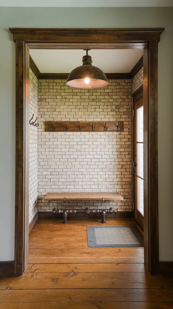This minimalist industrial design entryway proves that even a small space can make a grand statement.  The blend of country industrial style, highlighted by the striking industrial trim, creates a welcoming and sophisticated house entrance design.  Perfect inspiration for your next industrial home decor project, showcasing the best in industrial entryway ideas.