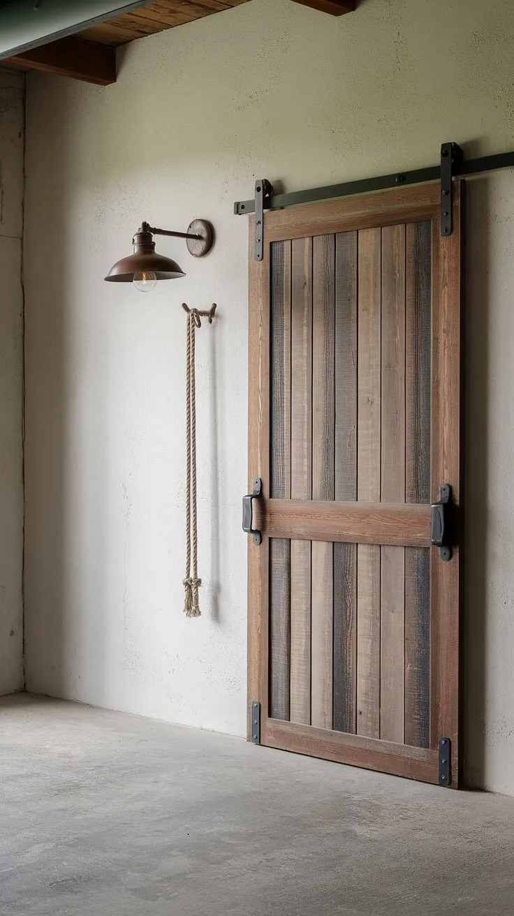 Rustic meets refined in this country industrial style foyer.  Industrial entryway ideas shine through in the thoughtful use of industrial trim and minimalist industrial design.  The raw concrete floor and simple rope detail add character, making this a stunning example of how to maximize style in a small space.  A perfect inspiration for your own house entrance design.