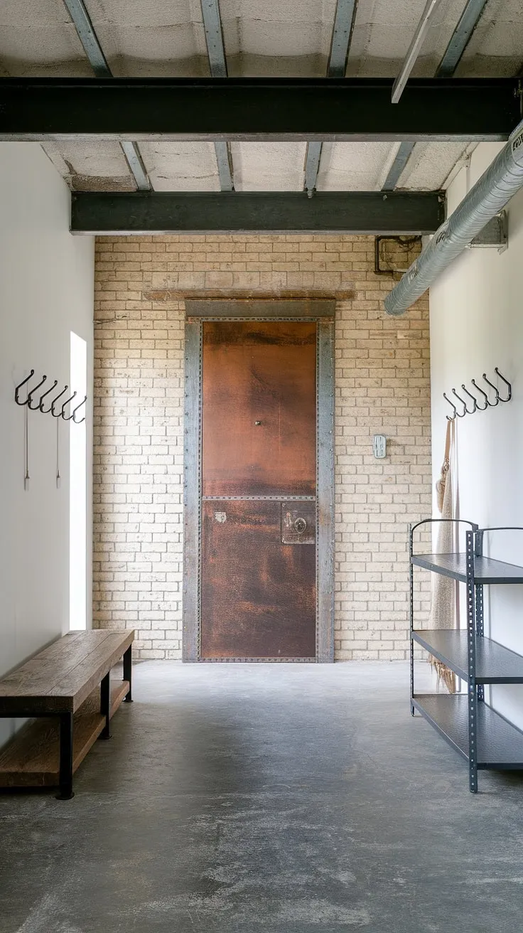 This minimalist industrial design entryway proves that even a small space can make a grand statement.  The blend of country industrial style, highlighted by the striking industrial trim, creates a welcoming and uniquely stylish house entrance design.  Perfect inspiration for your next industrial home decor project, showcasing the best in industrial entryway ideas.