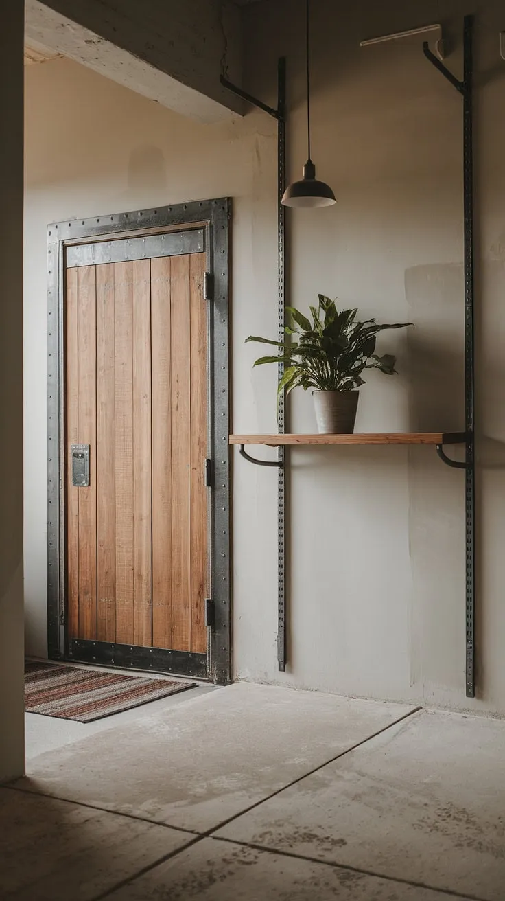 This minimalist industrial design entryway proves that even a small space can make a grand statement.  The blend of country industrial style, highlighted by the industrial trim and thoughtful house entrance design, creates a welcoming and sophisticated industrial home decor feel.  Perfect inspiration for your own industrial entryway ideas.