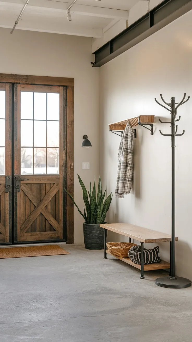 This minimalist industrial design entryway proves that even small spaces can make a grand statement.  The industrial trim and country industrial style blend seamlessly, offering a wealth of industrial entryway ideas for your house entrance design.
