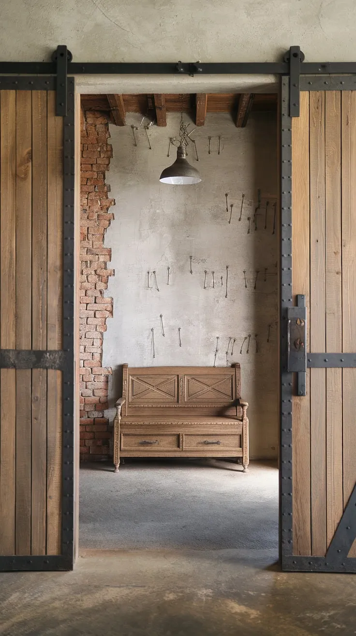 Transform your small entryway into a striking focal point with these industrial entryway ideas.  This space masterfully combines minimalist industrial design with country industrial style elements, highlighting the impact of industrial trim in a stunning industrial style foyer.
