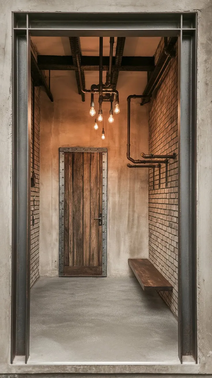 This minimalist industrial design entryway proves that small spaces can make a big statement.  The industrial trim and country industrial style blend seamlessly, offering a unique take on industrial home decor and providing ample inspiration for your own house entrance design.