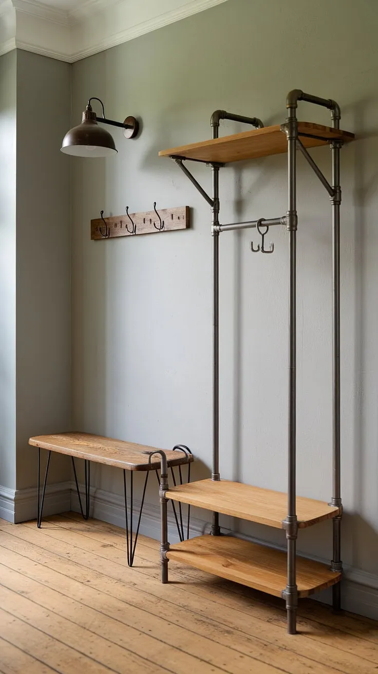 Transform your small entryway into a stunning industrial style foyer with these industrial entryway ideas.  The blend of minimalist industrial design and country industrial influences creates a welcoming and stylish house entrance design, all while highlighting the impact of thoughtful industrial trim.