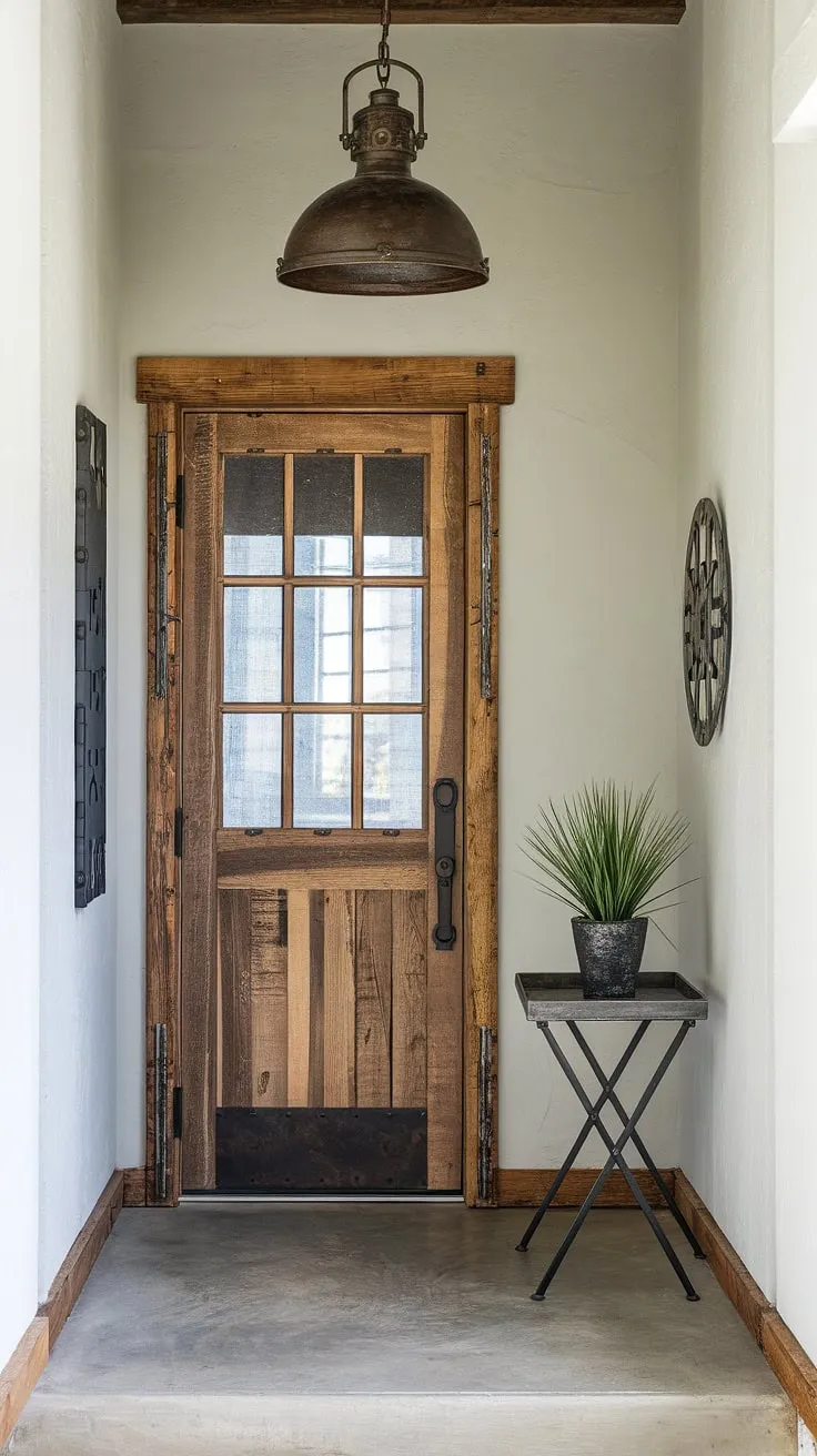 This minimalist industrial design showcases clever small entryway ideas.  The country industrial style is perfectly balanced with the industrial trim and rustic wooden door, creating a welcoming industrial style foyer.  Note the impactful industrial home decor, including the statement lighting.