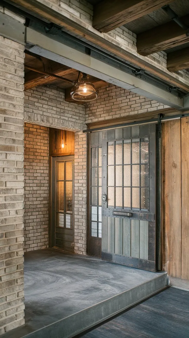 Transform your house entrance design with this stunning industrial style foyer.  These industrial entryway ideas showcase a perfect balance of minimalist industrial design and country industrial style, proving that even small spaces can benefit from impactful industrial trim.