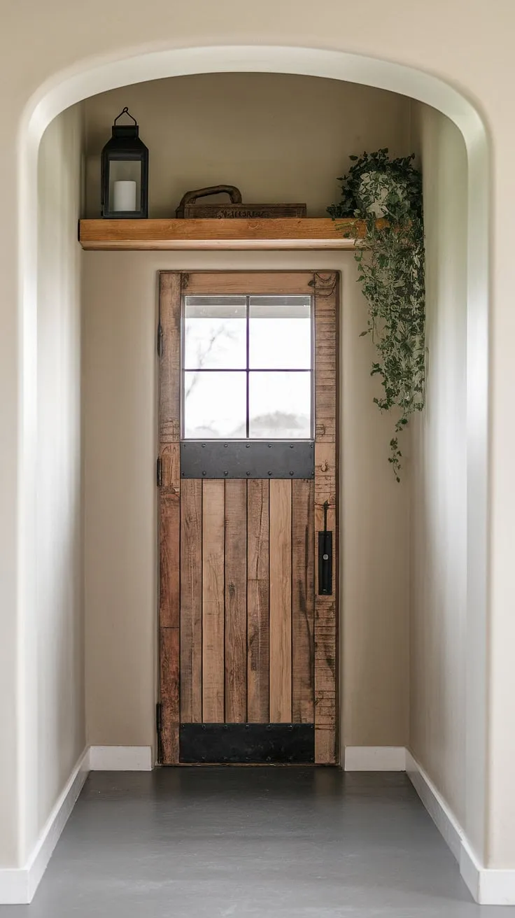 This minimalist industrial design entryway proves that even a small space can make a grand statement.  The blend of country industrial style, highlighted by the striking industrial trim, creates a welcoming and sophisticated house entrance design.  Perfect inspiration for your own industrial entryway ideas and industrial home decor projects.