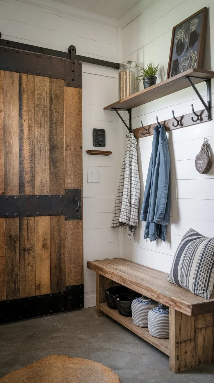 This minimalist industrial design entryway proves that even a small space can make a grand statement.  The blend of country industrial style and sleek industrial trim creates a welcoming house entrance design, showcasing the best of industrial home decor ideas.  Perfect inspiration for your own industrial entryway ideas.