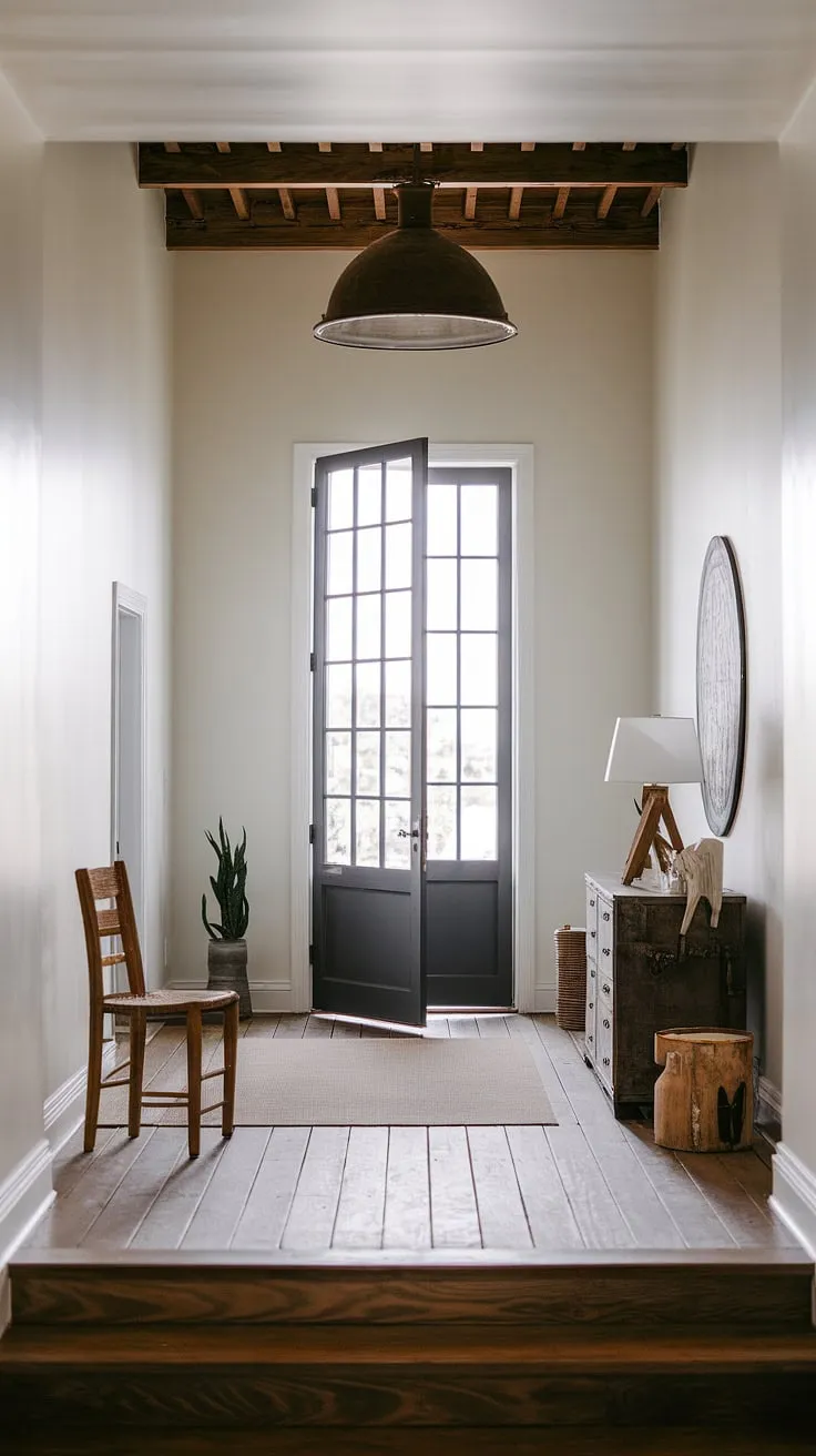 This minimalist industrial entryway showcases the perfect blend of rustic charm and modern functionality.  The country industrial style, accented by simple industrial trim and a thoughtfully chosen wooden chair, creates a welcoming atmosphere despite the small entryway size.  These industrial entryway ideas offer inspiration for your own house entrance design, proving that industrial home decor can be both stylish and space-saving.