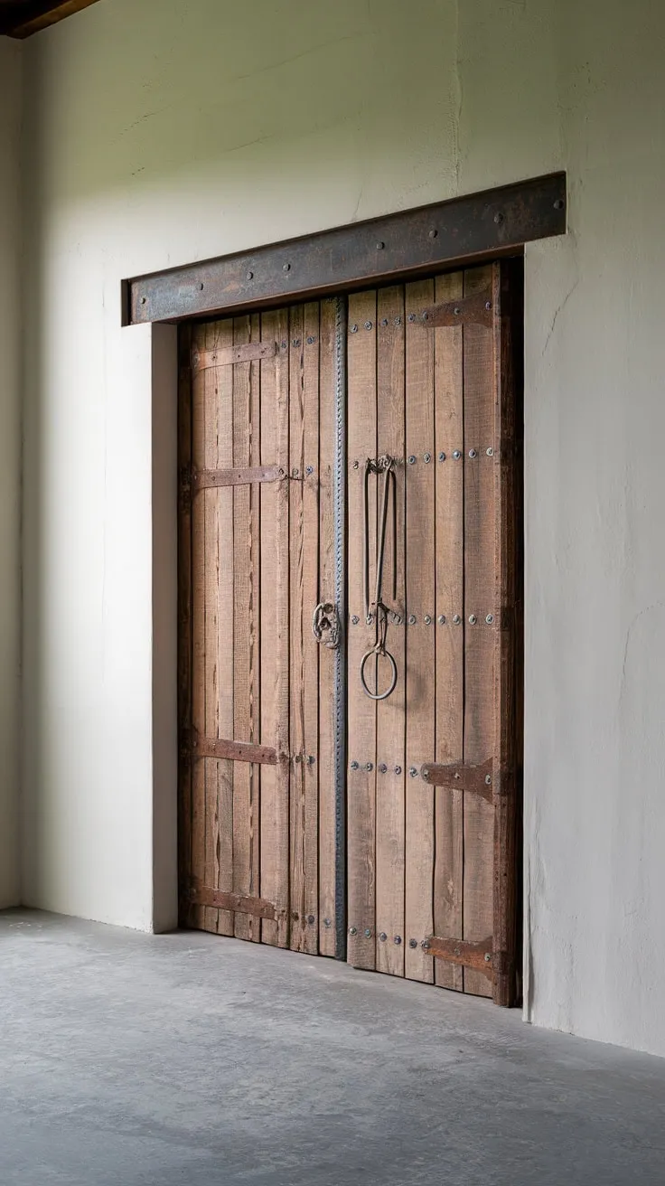 A stunning example of industrial entryway ideas, this foyer effortlessly combines industrial style with a touch of country charm.  The small entryway feels expansive thanks to the minimalist industrial design and thoughtful use of industrial trim, creating a welcoming house entrance design.