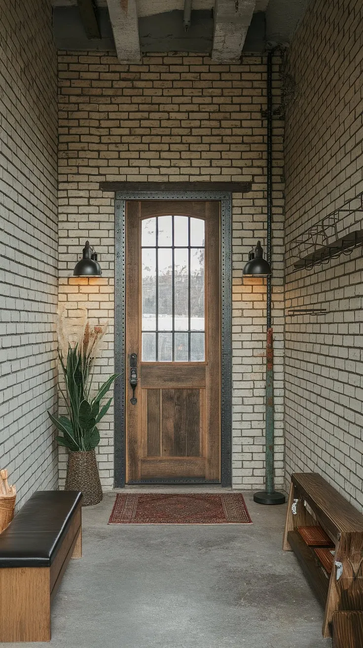 This minimalist industrial design entryway proves that even a small space can make a grand statement.  The country industrial style is subtly showcased through the industrial trim and carefully chosen decor, creating a welcoming and stylish house entrance design.  Plenty of inspiration here for your own industrial entryway ideas and industrial home decor projects.