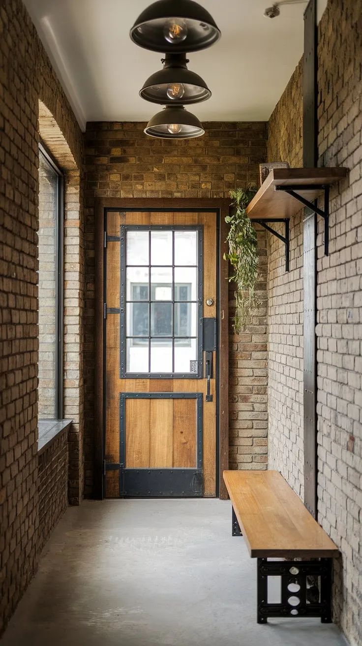 This small entryway boasts a captivating blend of country industrial style, showcasing minimalist industrial design at its finest.  The exposed brick walls, industrial trim around the wooden door, and simple wooden shelf with a plant create a welcoming industrial style foyer, perfect for those seeking industrial entryway ideas and unique house entrance design.  Concrete floors and industrial light fixtures complete this charming space, offering inspiration for small entryway ideas and industrial home decor.
