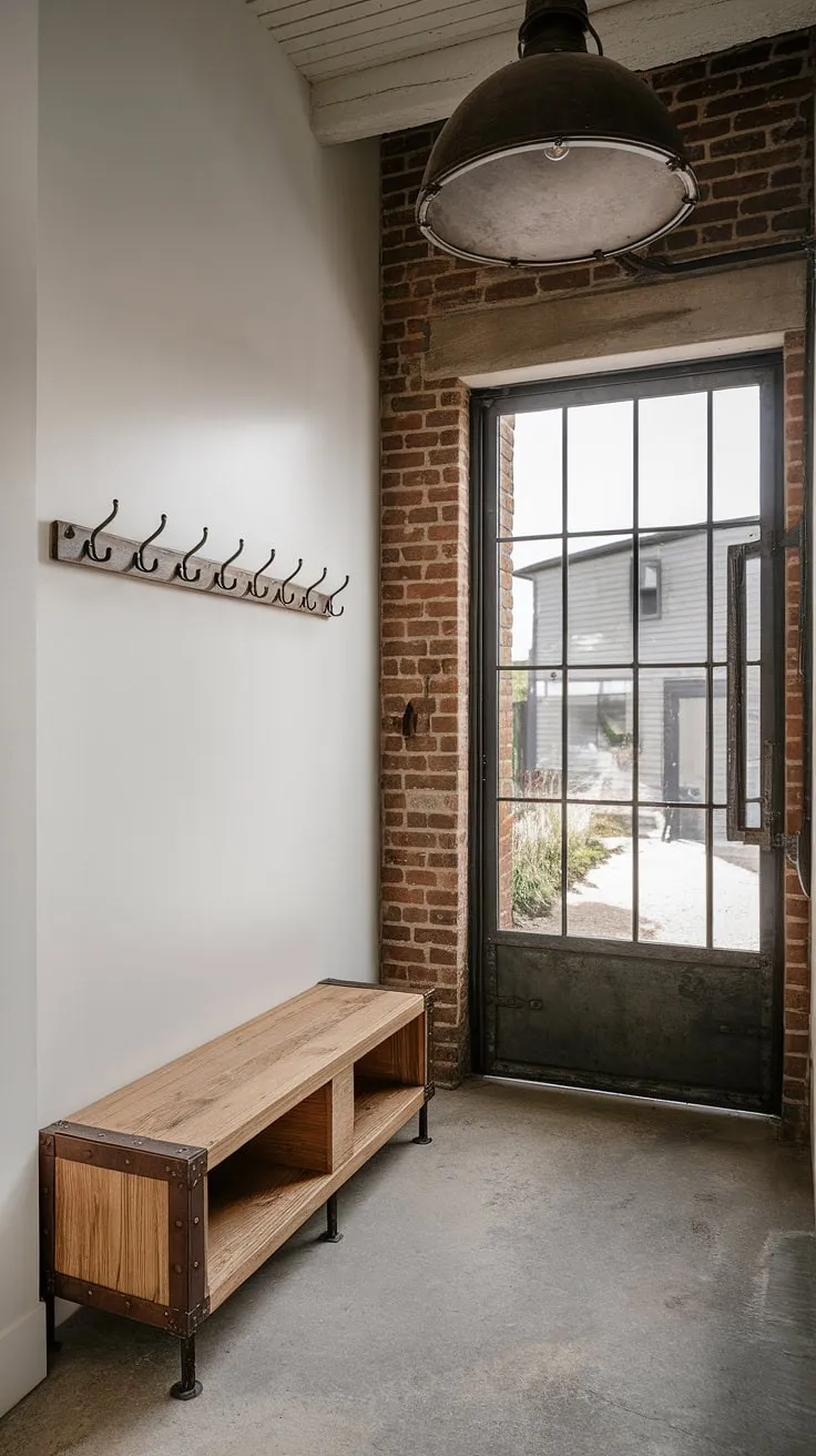 Step into a world of industrial entryway ideas with this stunning small entryway.  The blend of exposed brick, concrete flooring, and industrial trim details creates a captivating minimalist industrial design.  This country industrial style foyer offers both functionality and aesthetic appeal, making it the perfect house entrance design for those seeking industrial home decor.  A perfect example of how to maximize style in a small space.