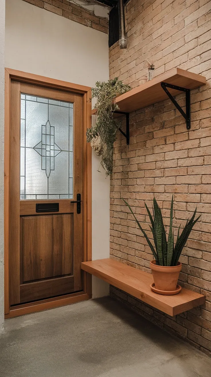 Step into a world of industrial entryway ideas with this charming country industrial style foyer.  The exposed brick wall, combined with the wooden door and shelf, exemplifies minimalist industrial design.  This small entryway, featuring industrial trim and a simple plant, offers a functional and stylish house entrance design solution.