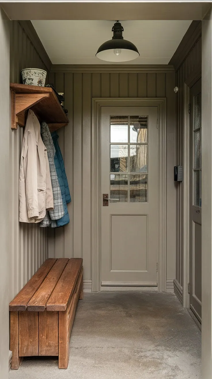 Maximize space and style with these small entryway ideas. This industrial style foyer showcases a perfect balance of industrial home decor and rustic charm. The neutral beige walls and simple design exemplify minimalist industrial design, while the wooden bench adds a touch of country industrial style.  A great example of industrial entryway ideas for a house entrance design.